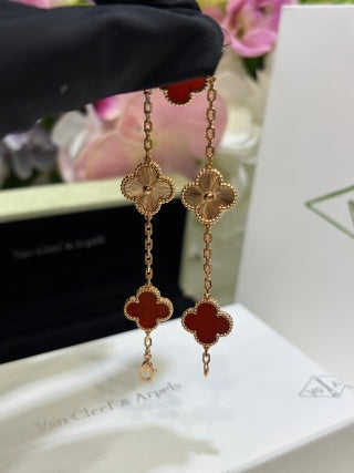 Van Cleef & Arpels Rose Gold 5-Motif Bracelet with Laser-Etched Red Carnelian Clover Motifs